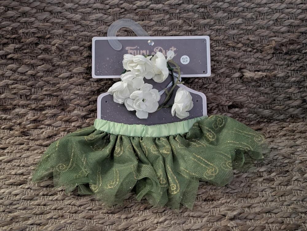 Fairy Dust Dog Costume - Flowered Glitter Gold Green Skirt XS / Small